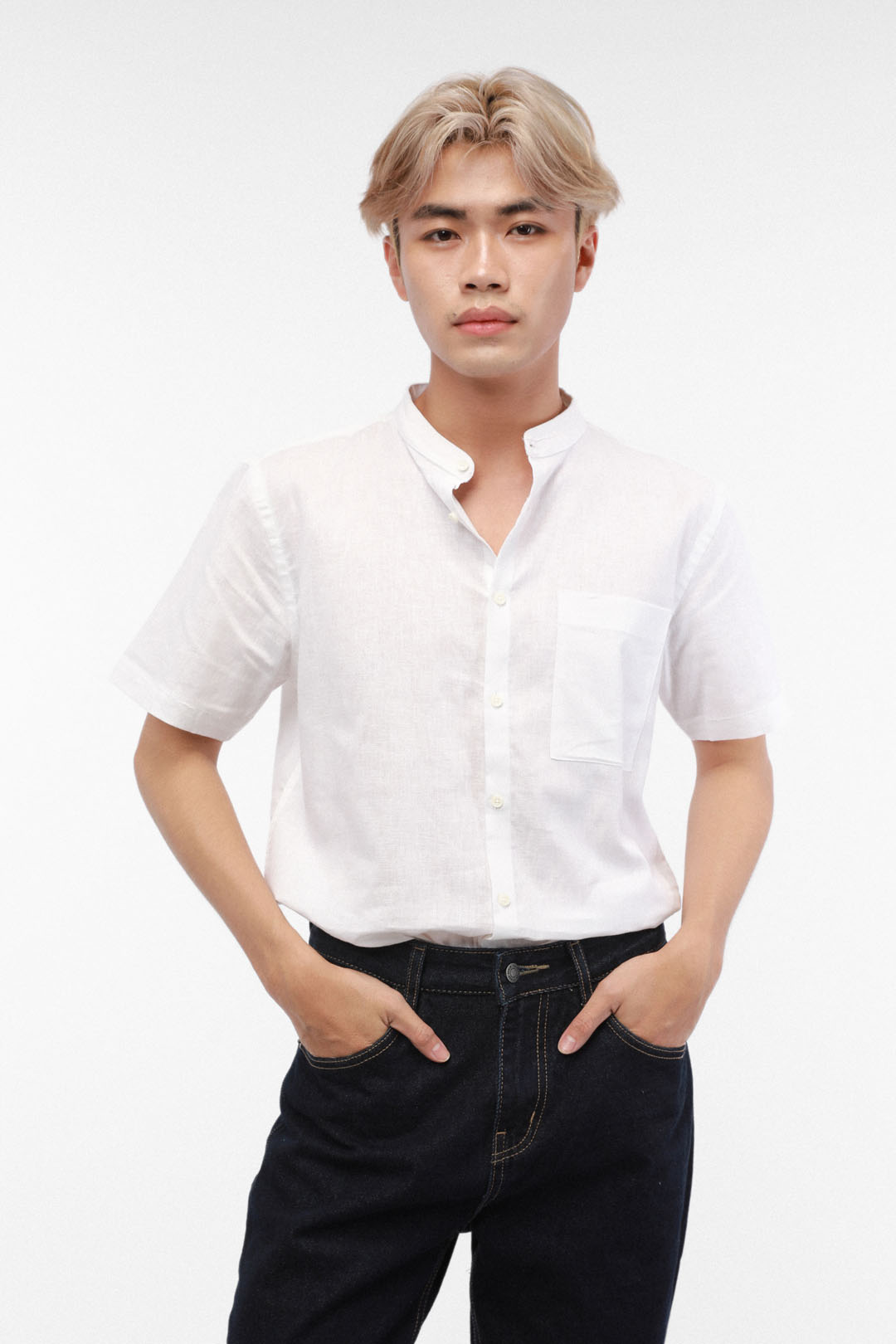 mandarin collar shirt with tie